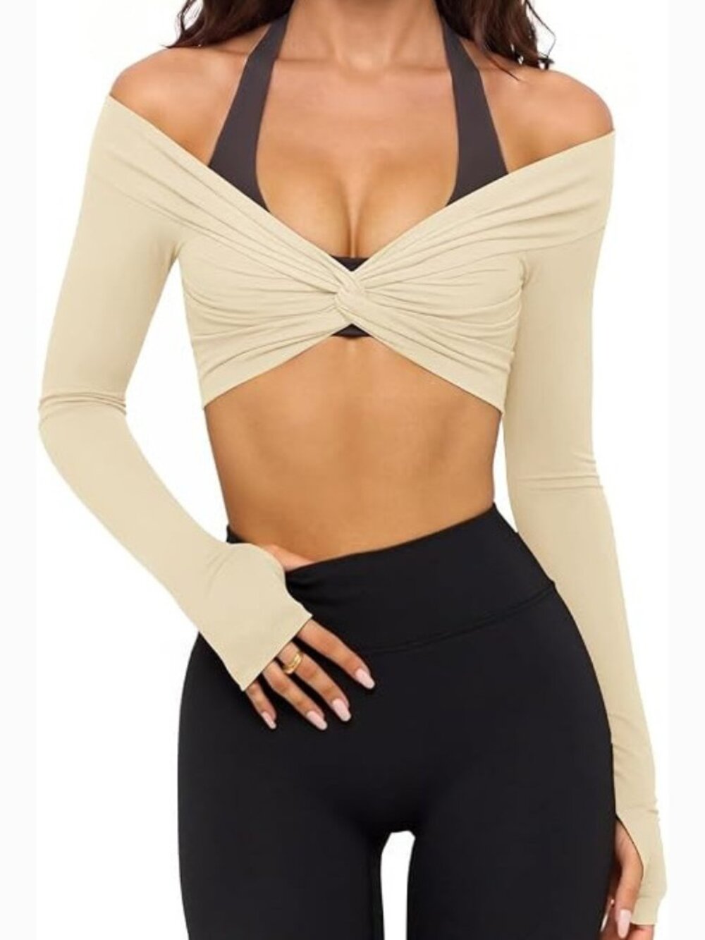 Long Sleeve Twist Front Bolero Shrug Crop Top with Thumb Holes
